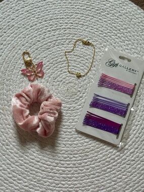 Gold Flower Bracelet + Pink Butterfly Charm Gift Set Scrunchie Bobby Pins Bundle